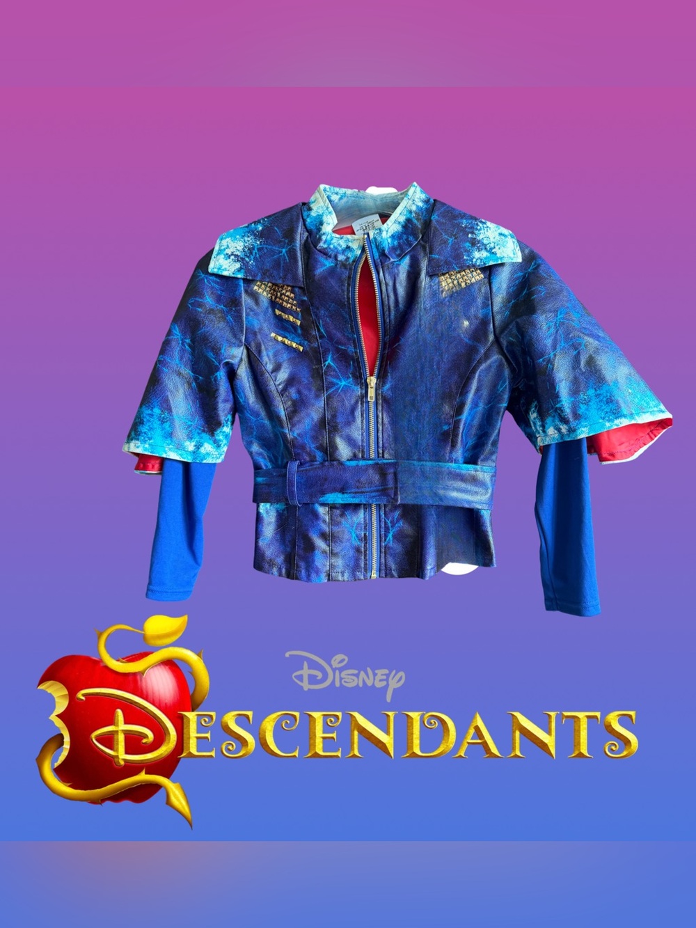 Disney Evie Faux Leather Electric Blue Lightning Zip Front Jacket Child Size 7/8